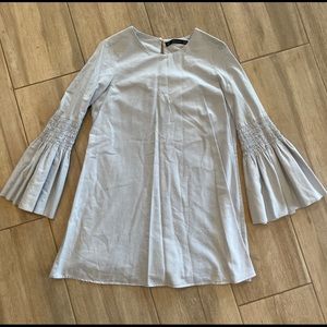 Zara Chambray Mini Dress with Ruched Bell Sleeves Size XS